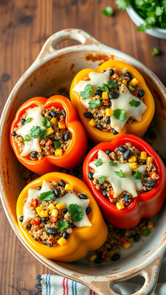 Stuffed bell peppers filled with quinoa and black beans, topped with cheese and cilantro, in a baking dish.